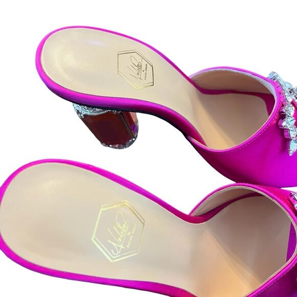 Nalebe Aurum Crystal Embellished Satin Mule Magenta Square Toe Heels EU38/US 8 - Picture 6 of 11